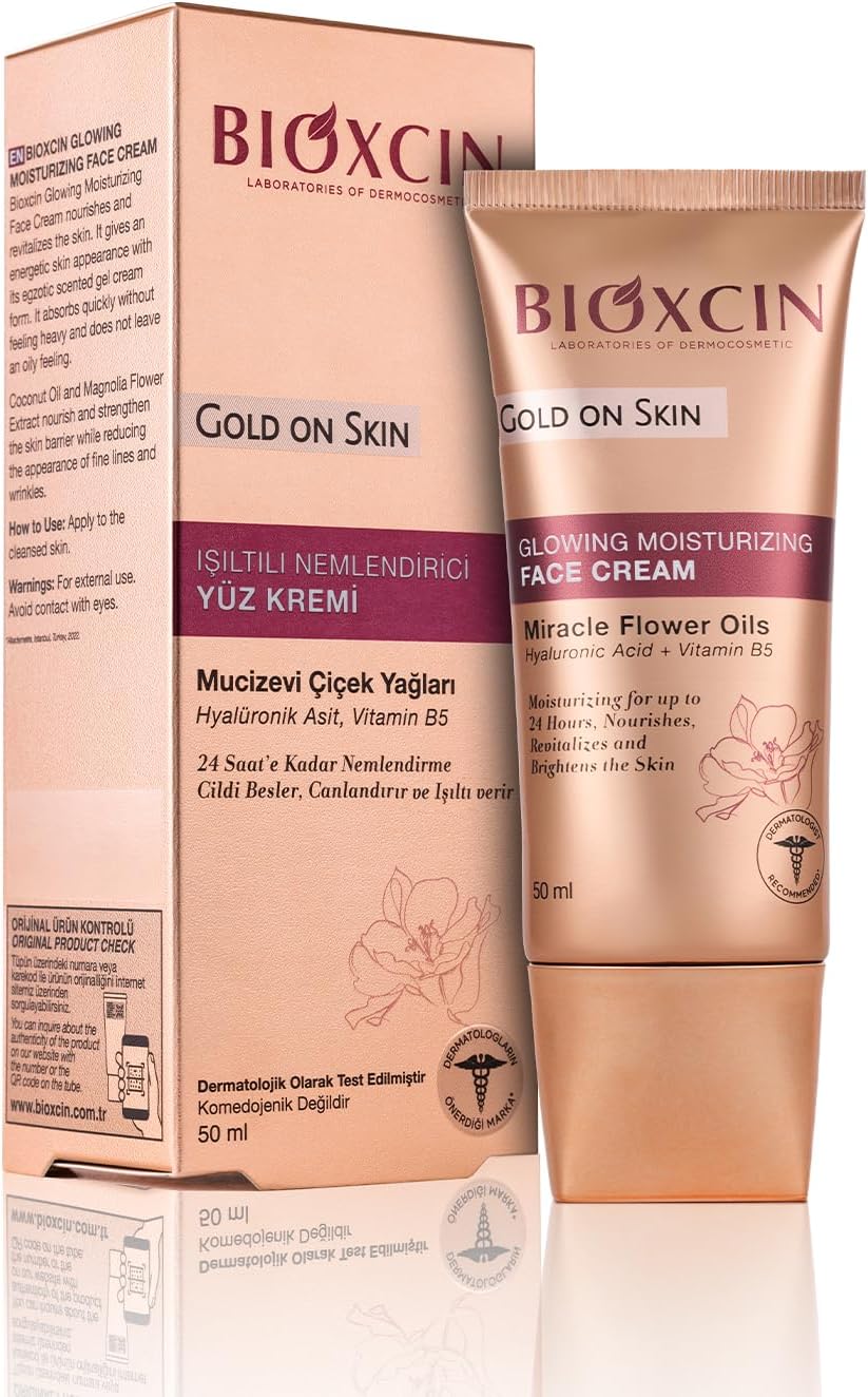 Gold On Skin Işıltılı Nemlendirici Yüz Kremi – Hyalüronik Asitli, Pantenollü, Çiçek Yağları ile Zenginleştirilmiş, Tüm Cilt Tipleri İçin, 50 ml