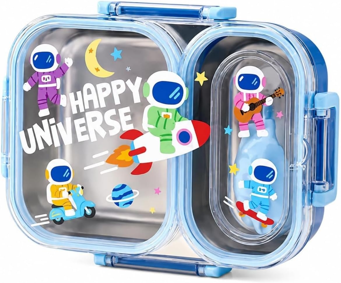 Bento 600ml Lunchbox Sevimli Desenli Tek Katlı 2 Bölmeli Sızdırmaz Paslanmaz Çelik Sefer Tası Çocuk Okul Yemek Kutusu Plastik Kaşık Hediyeli BPA Yok Özel Kutulu - Mavi