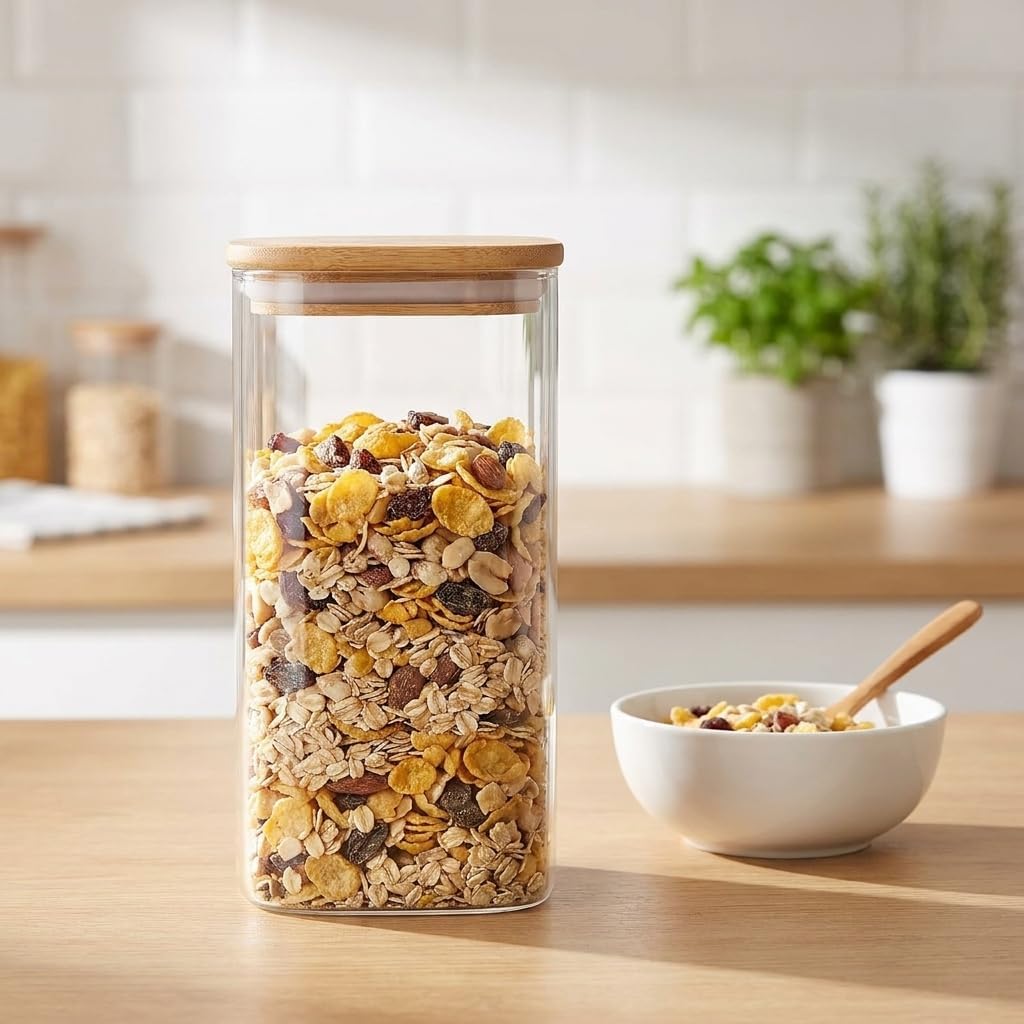 1400ml Sızdırmaz Vakumlu Bambu Kapaklı Borosilikat Cam Kavanoz – Hava Geçirmez & Dayanıklı Gıda Saklama Kabı (10cm x 21cm)