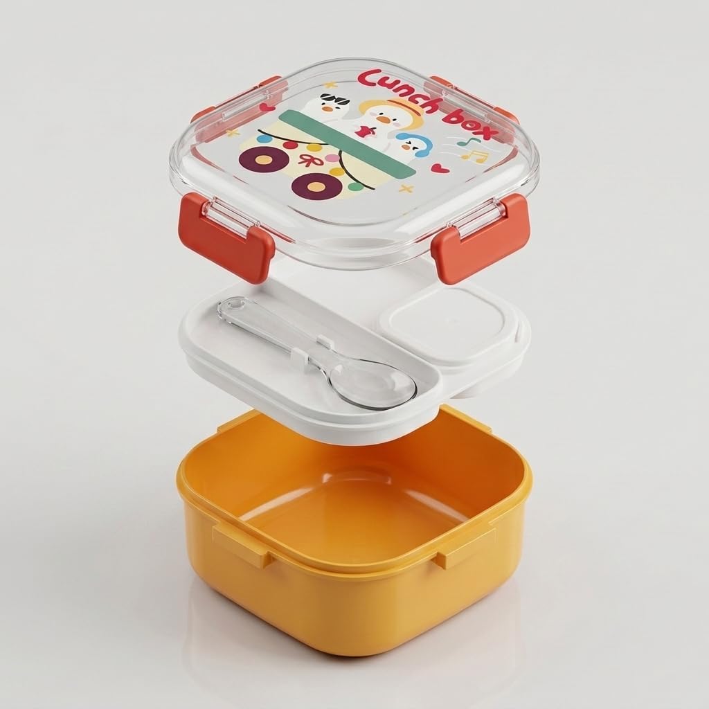 600 ml Yemek Kabı, 4 Bölmeli Kilitli Lunch Box, Kaşık Dahil Renkli Desenli Saklama ve Taşıma Kabı, 14x14x8 cm