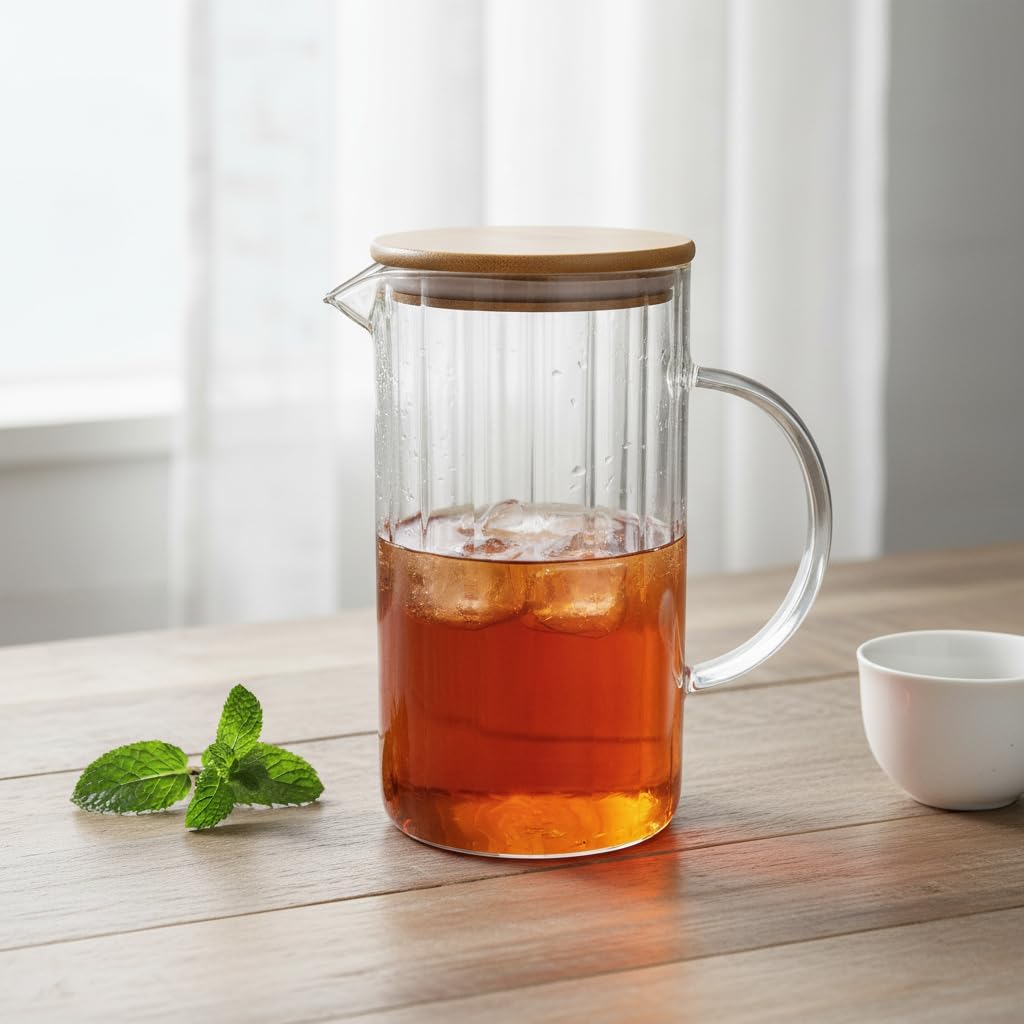 1000 ML Bambu Kapaklı Borosilikat Cam Yağlık ve Sürahi - Isıya Dayanıklı Çizgili (Line) Desenli Modern Meşrubat ve Su Karafı (9x17 cm)