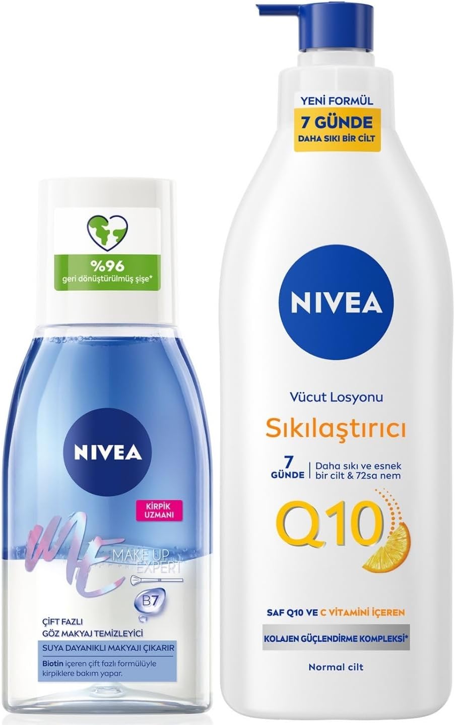 Çift Fazlı Göz Makyaj Temizleme Suyu 125ml ve Q10 Sıkılaştırıcı Nemlendirici Vücut Losyonu 400ml, C Vitamini, Kolajen Tetikleyici, Biotin, Suya Dayanıklı Makyaj