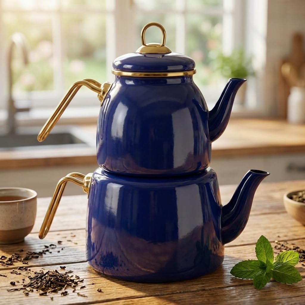 İçten Kaplamalı Emaye Çaydanlık Takımı - Gold Detaylı Nostaljik Alt Üst Çay Seti (1.2 Litre + 2 Litre) - 3 Renk Seçeneği (MAVİ)