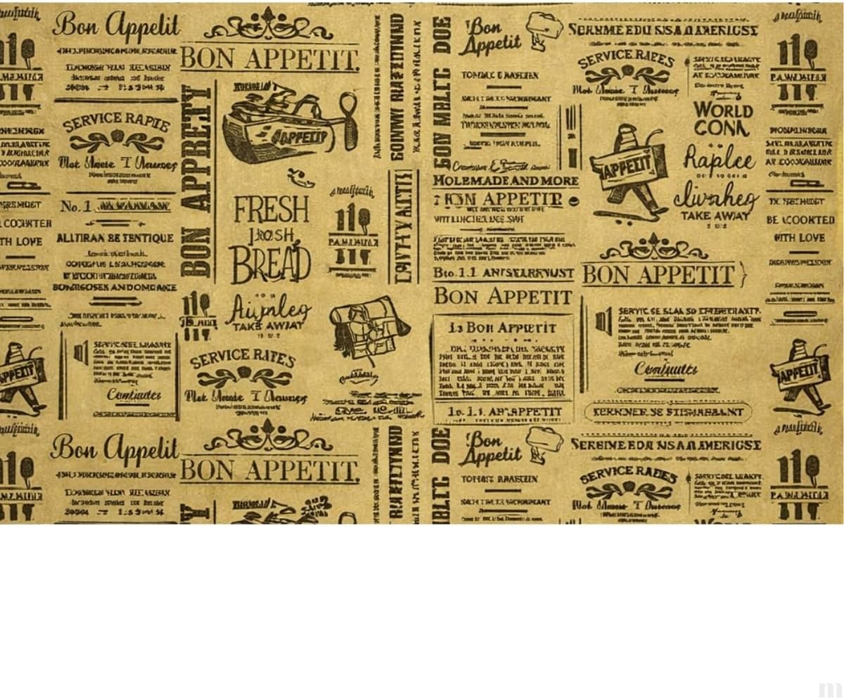 Bon Appetit Desenli Sunum Kağıdı, Vintage Gazete Stili, Kraft Görünümlü, 25x35 cm, Tek Kullanımlık, Restoran ve Kafe için, 50 Adet