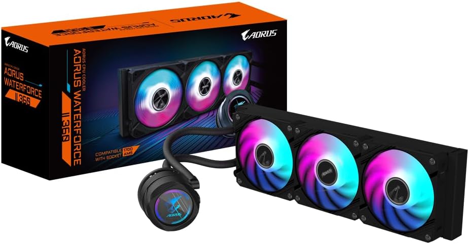 AORUS WATERFORCE II 360 AIO Sıvı CPU Soğutucu - 3 x 120 mm ARGB Fan, Sürgülü Kilitleme Mekanizması, Daisy-Chain, Intel LGA 1851 ve AMD AM5 ile Uyumlu