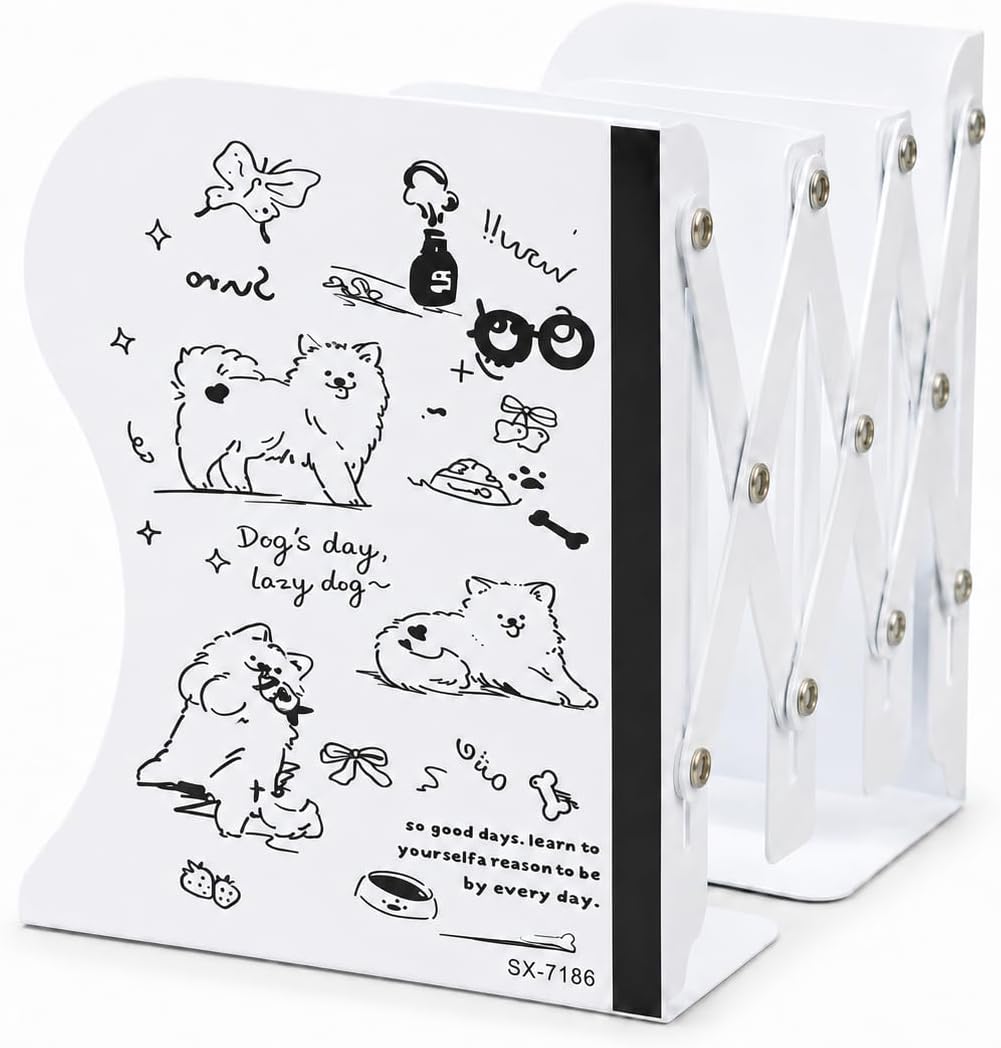 Karikatür Baskılı Teleskopik Metal Kitap Tutucu, Masaüstü Kitap Desteği ve Raf Düzenleyici Stand, 10-50 cm Genişleyebilir, Mıknatıslı Kalemlik Hediyeli, Dog-2