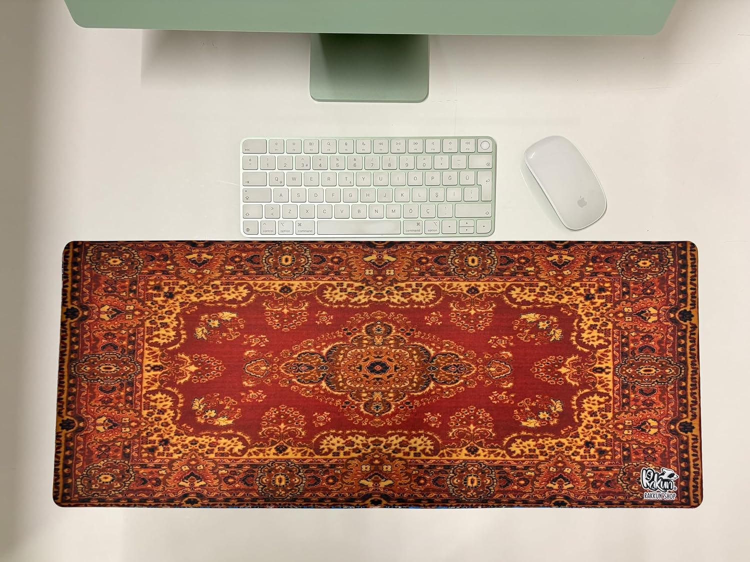 Mouse Pad, 30x70 cm, Mavi Halı Desen Baskılı, Kaymaz Taban, Bilek Destekli, Dikişsiz Kenar, Ergonomik, Ofis ve Oyuncular için (Turuncu Halı)