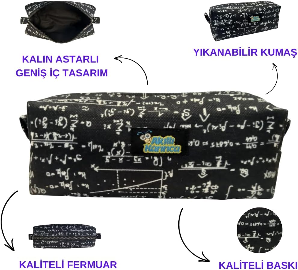 Matematik Formüllü Kalem Kutusu, Tek Gözlü, Siyah Beyaz Desenli, Fermuarlı Okul Kalemliği