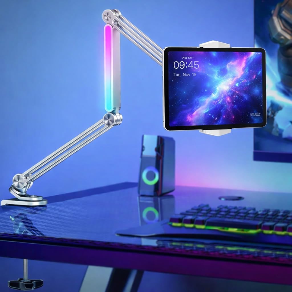 Profesyonel Ayarlanabilir LED Işıklı Uzun Kollu Alüminyum Masaüstü 14.6 inç Kadar Uyumlu iPad ile Uyumlu Tablet Stant ve Tutucu | Cantilever Kol Tasarım, 360° Döner, Tablet Standı | P67H