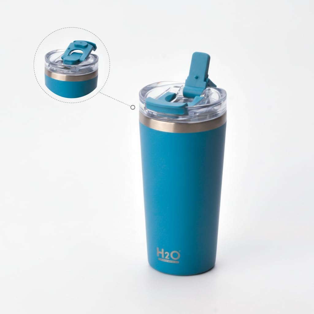 530 ml Pipetli ve Ağızlıklı Çelik Termos Kupa - Çift Fonksiyonlu Kapak - Sıcak/Soğuk Tutan Seyahat Bardağı (Travel Mug) - 4 Farklı Renk Seçeneği (MAVİ)