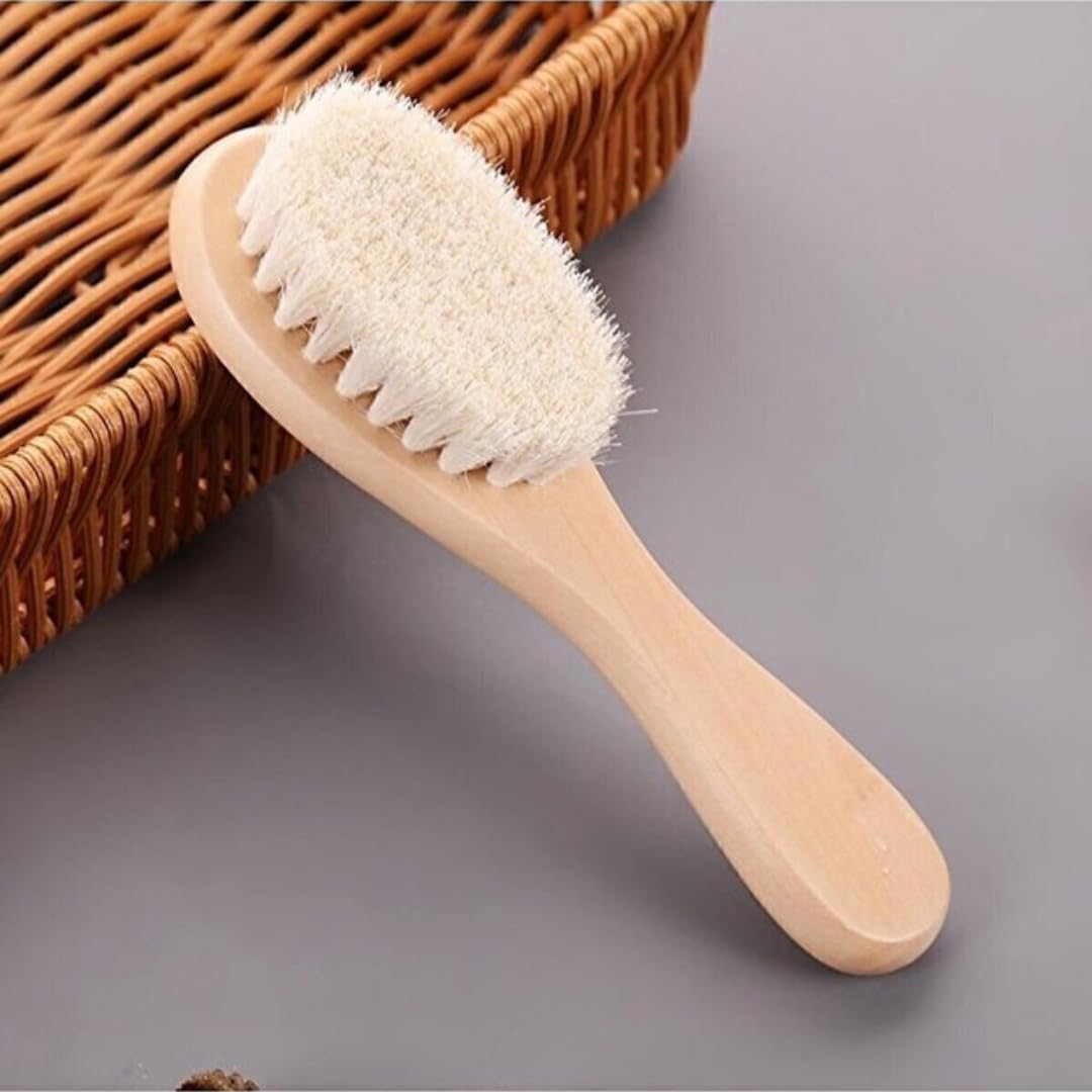 Bebek Saç Fırçası ve Tarak, Doğal Keçi Kılı, Hipoalerjenik, Yenidoğan için Yumuşak Saç Bakımı, Ahşap Saplı