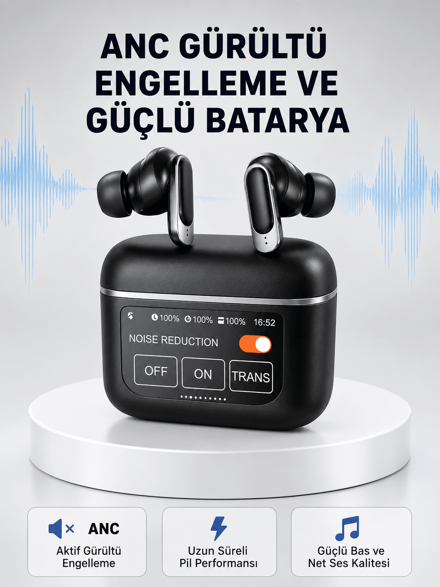 ANC Teknolojili Kablosuz Bluetooth Kulaklık – Dokunmatik, Dijital Göstergeli, Yüksek Ses Kalitesi