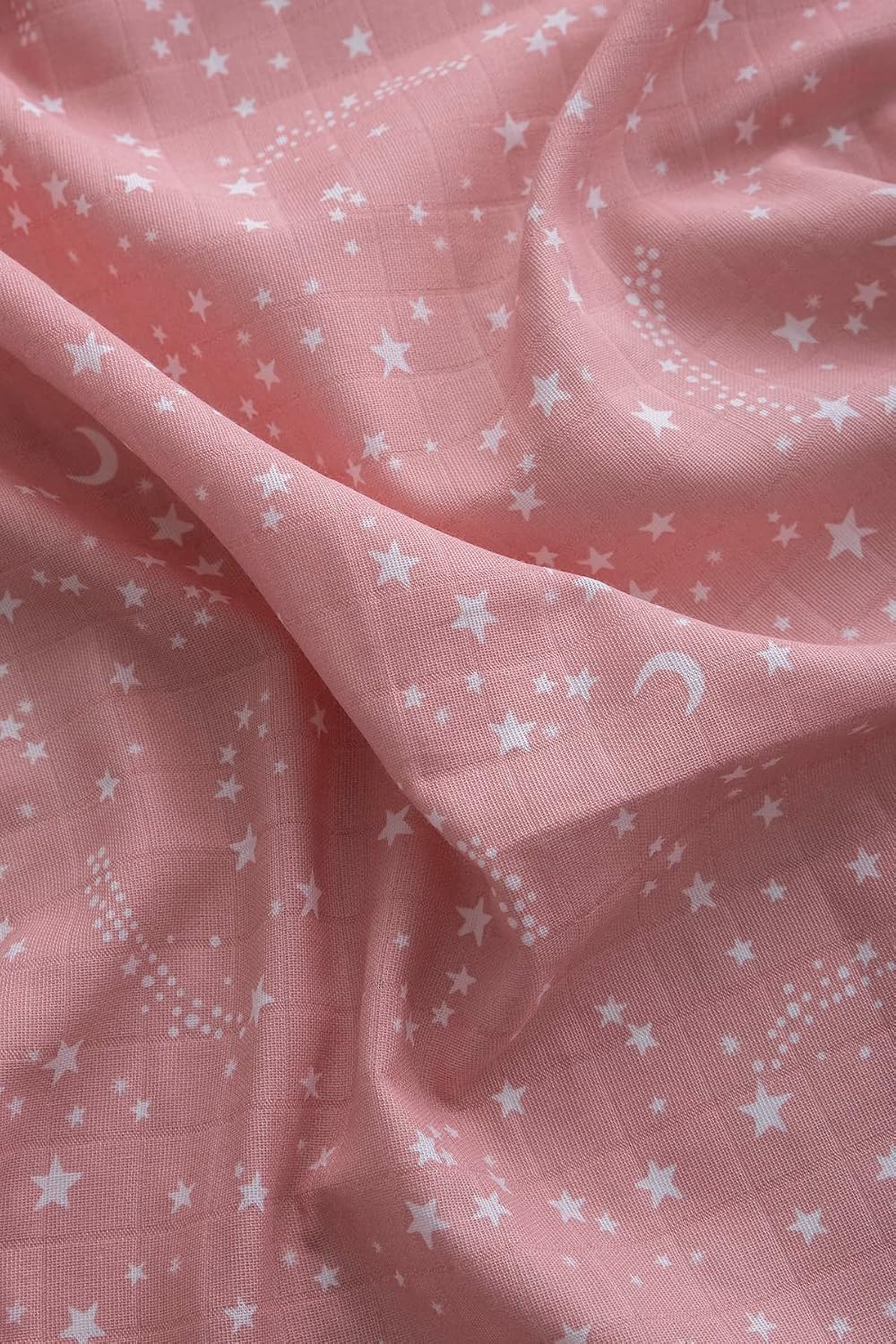 Müslin Bezi Örtü Yıldız Desen - Pembe 120x120 cm + 4 Adet Ağız Mendili