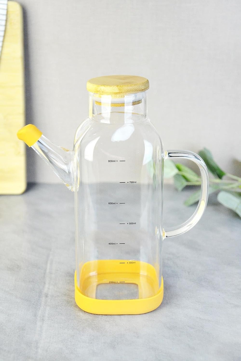 800 ml Bambu Kapaklı Borosilikat Cam Kare Yağlık
