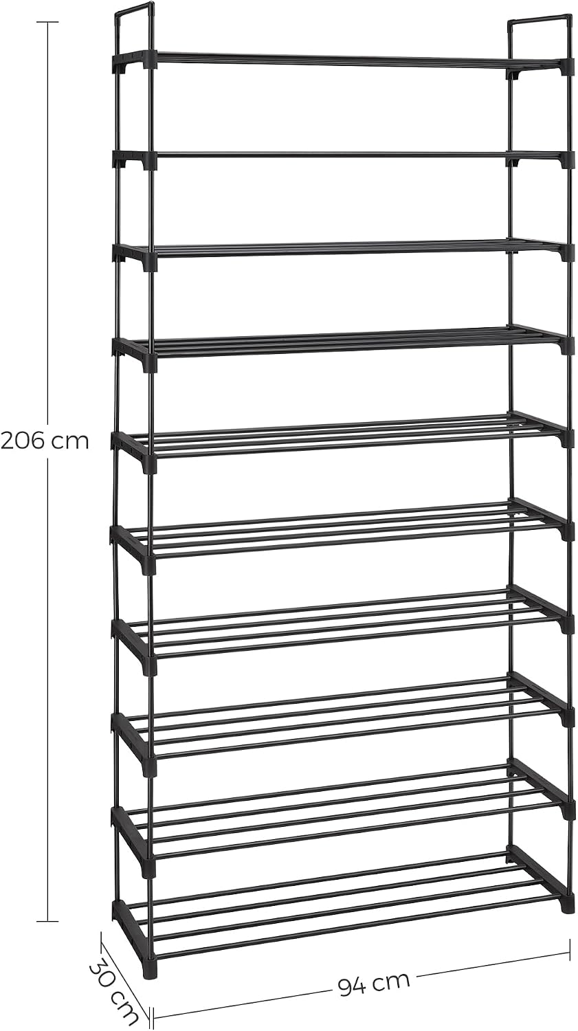 10 Seviyeli Ayakkabı Rafı, 50 Çifte Kadar Metal Ayakkabı Saklama Yeri, Oturma Odası, Koridor ve Giyinme Odası İçin Ayakkabı Düzenleyici, 92 x 30 x 194 cm, Siyah Lsa10Bk