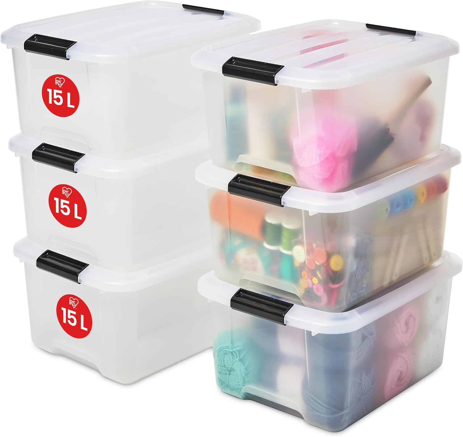 Kapaklı Plastik Saklama Kutuları, 15L, 6'lı Set, Şeffaf