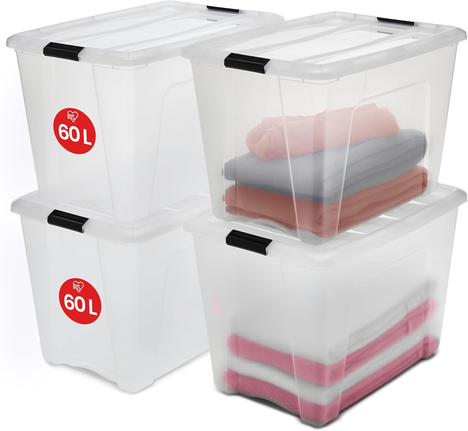 Kapaklı Saklama Kutuları, 60L, 4'lü Set, Şeffaf, Güvenli Tokalar, İstiflenebilir, Çekme Kulpları, Yatak Odası, Dolap, Ofis, Organizasyon İçin, BPA İçermeyen Plastik, Giysi Çantası, NTB-60