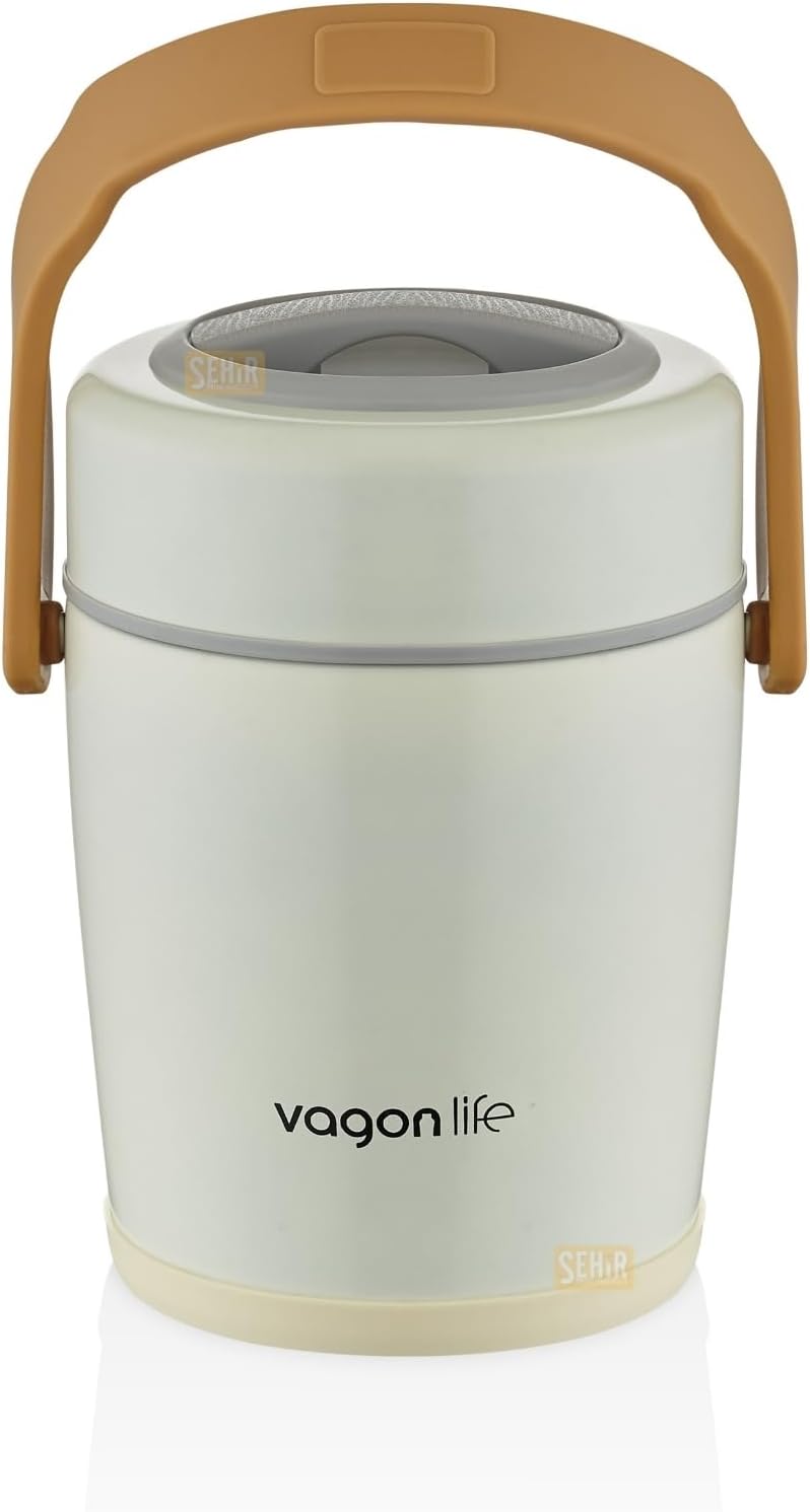 Vagonlife Bento 1600ml Lunchbox 2 Kaseli 4-6 Saat Sıcak/Soğuk Termos Özellikli Çelik Sefer Tası Yemek Kutusu (Beyaz)
