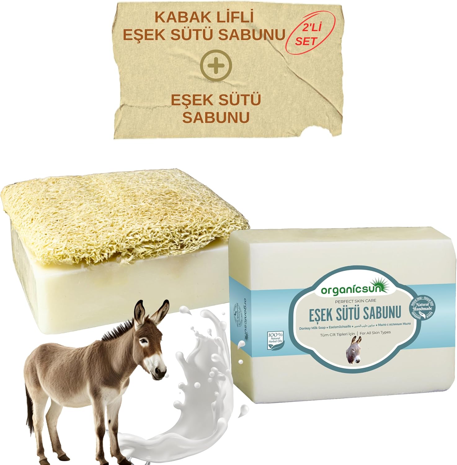 2'li Set Doğal Kabak Lifli Eşek Sütü Sabunu ve Lifsiz Eşek Sütü Sabunu