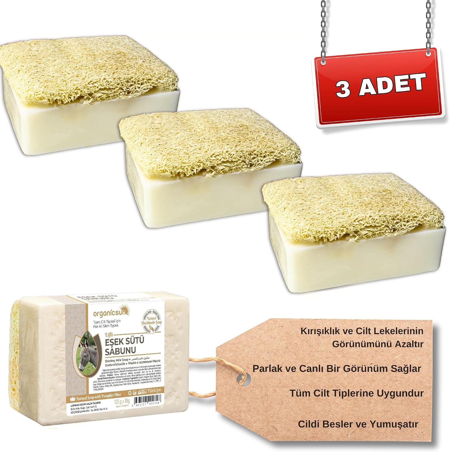 Organicsun Doğal Kabak Lifli Eşek Sütü Sabunu 120 Gr x 3 Adet Tüm Cilt Tipleri İçin Kırışıklık ve Yaşlanma Karşıtı B ve E Vitaminli