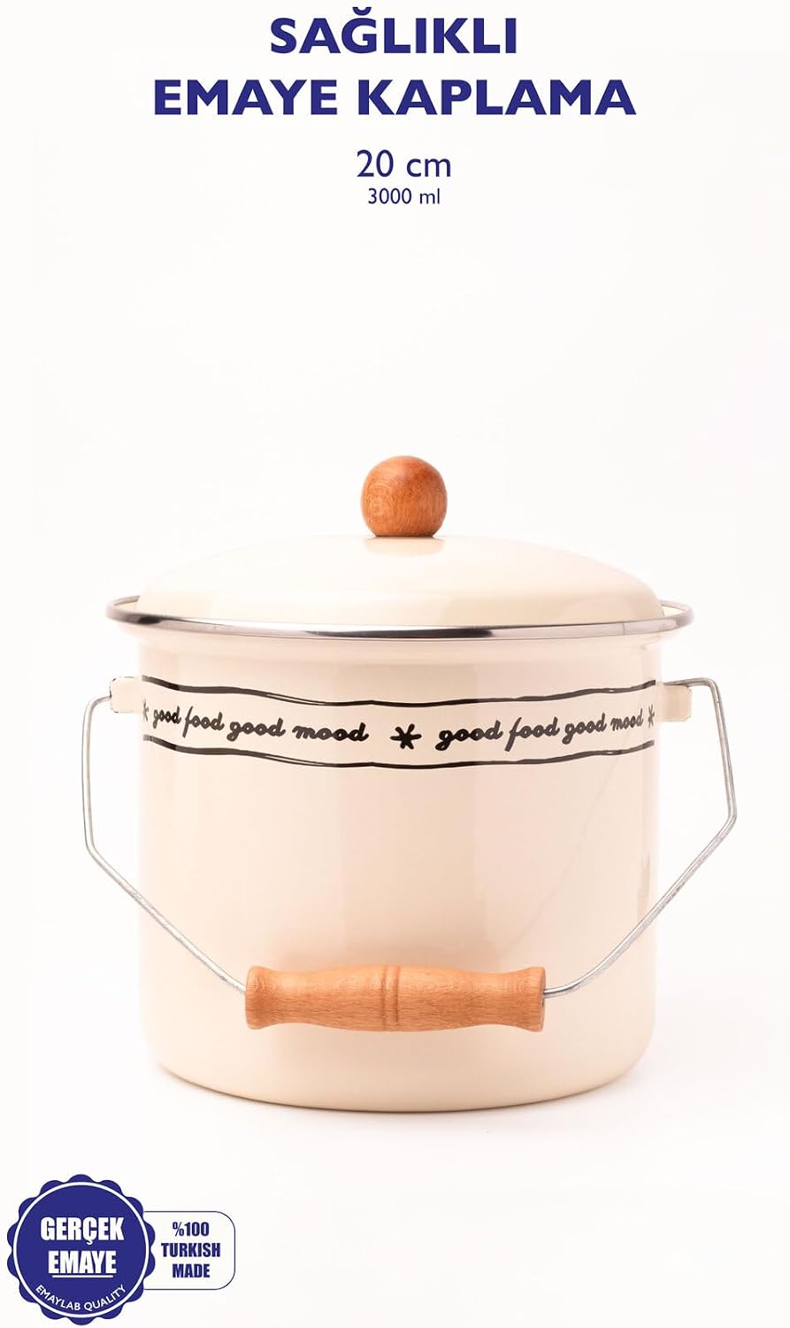 Mood Ahşap Detaylı Emaye Yoğurt/Bakliyat Bakracı(20Cm-3 Litre-Tüm Ocaklarla Uyumlu)