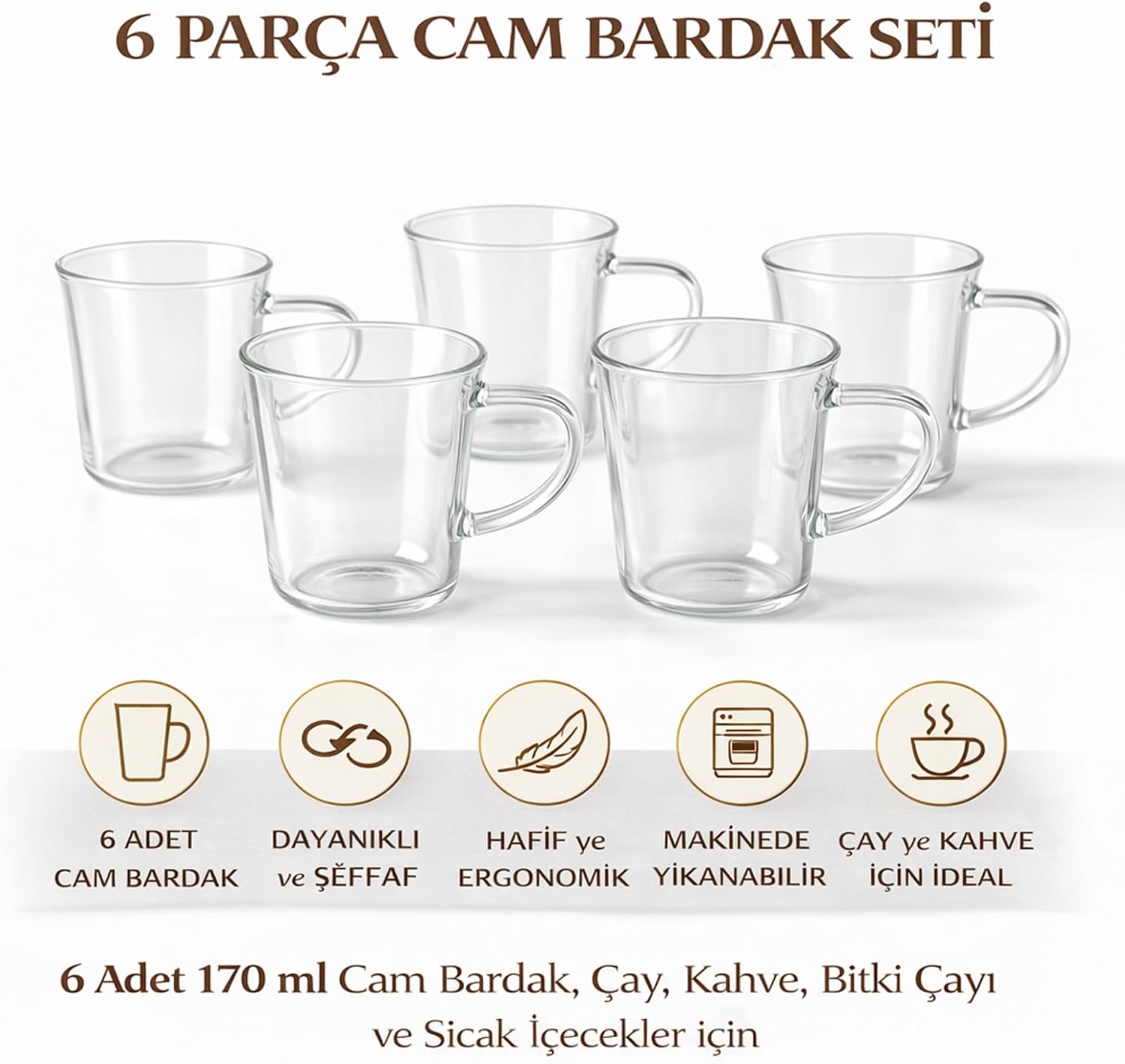 6’lı Cam Bardak Seti – 170 ml Kulplu Şeffaf Cam Kupa, Çay Kahve ve Bitki Çayı Bardakları, Bulaşık Makinesinde Yıkanabilir