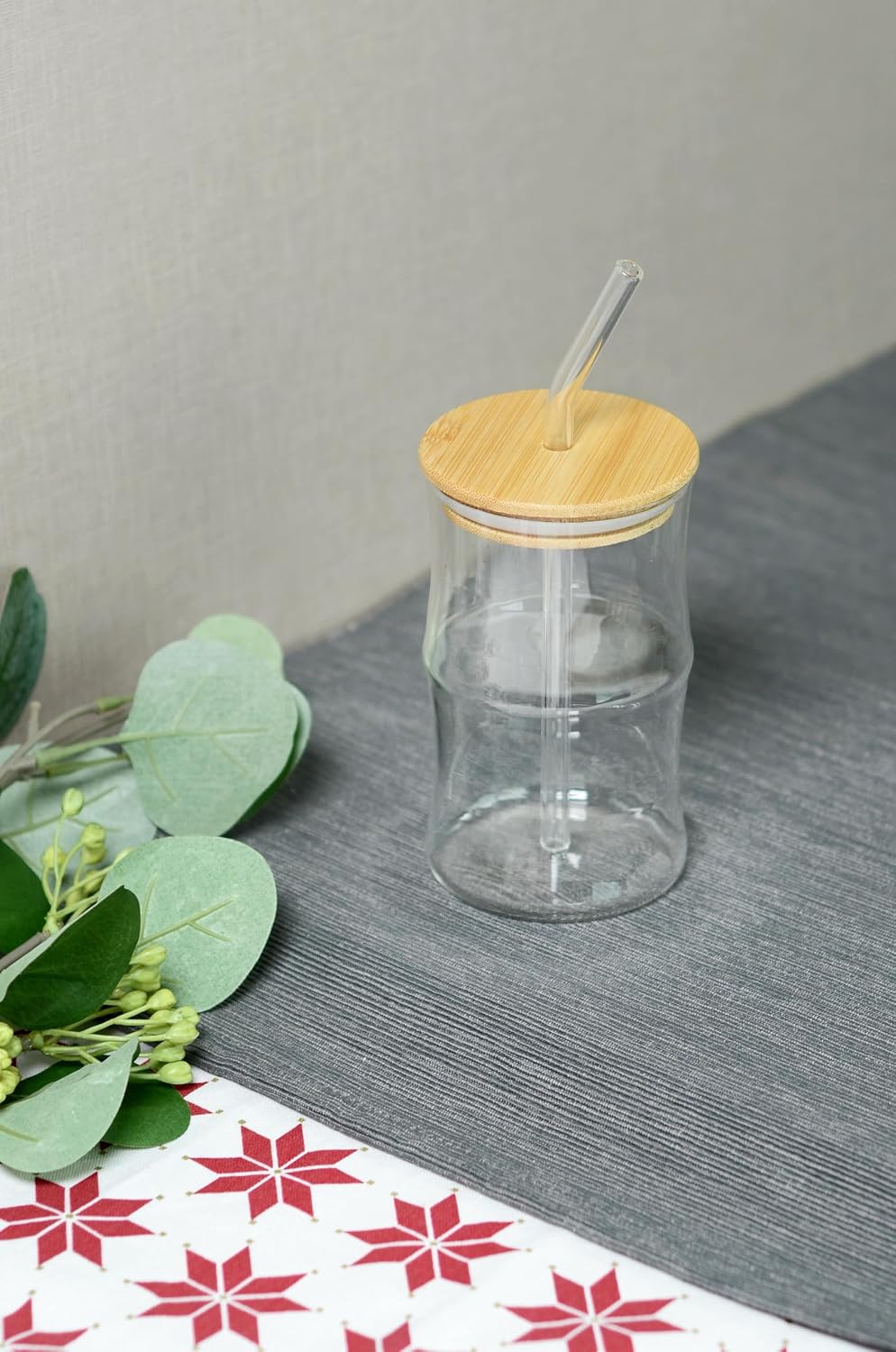 Bambu Kapaklı Cam Pipetli 330 ml Borosilikat Bardak