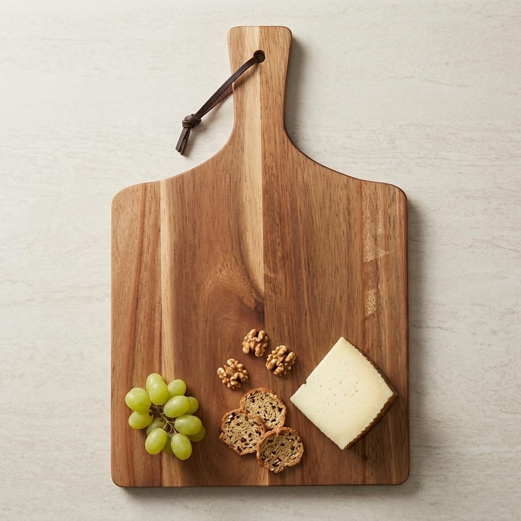 Deri Asma İpli Akasya Ahşap Sunum Tahtası, 40 × 28 × 1,5 cm, 25 cm Gövde Yüksekliği, Saplı Dikdörtgen Servis Tabağı, Peynir ve Atıştırmalık Sunumu, 1 Adet