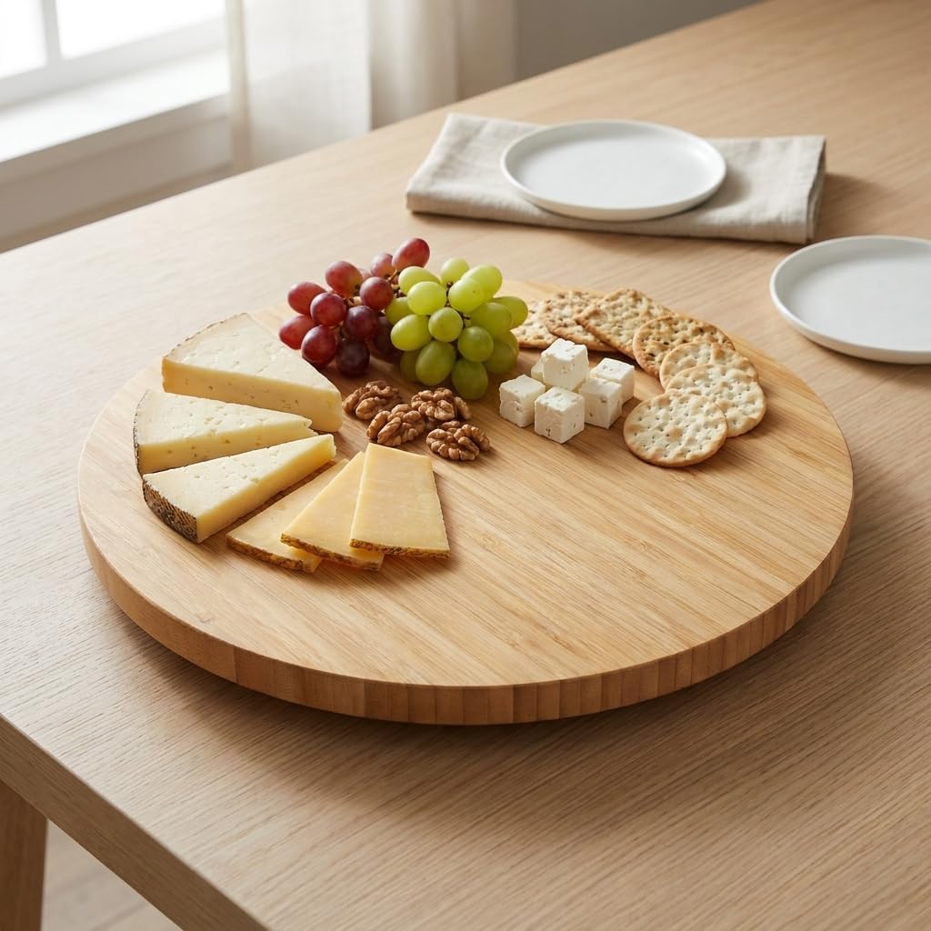 360° Dönerli Bambu Sunum Tablası, 30 cm Çap, 2,2 cm Kalınlık, Yuvarlak Servis Tepsisi, Doğal Bambu Rengi, Kahvaltı ve Peynir Sunumu İçin, 1 Adet