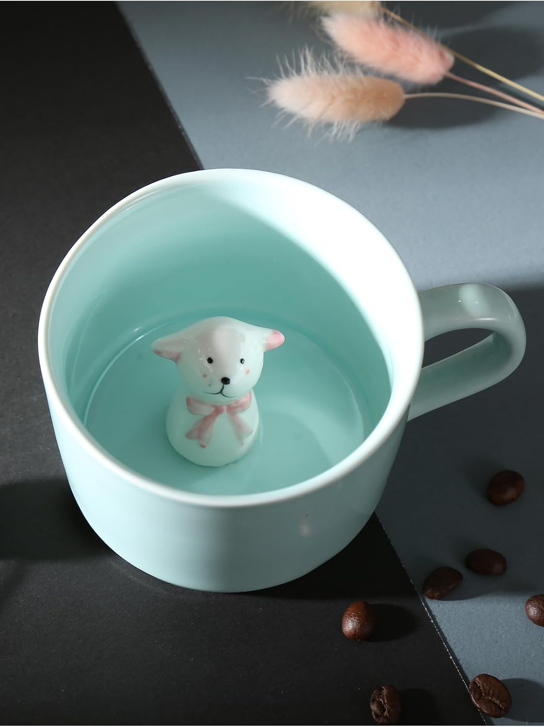 Mukko Home 3D Sevimli Hayvan Figürlü Porselen Kupa 230 Ml Mint Renk Kahve Çay Kupası,Turkuaz & Köpek