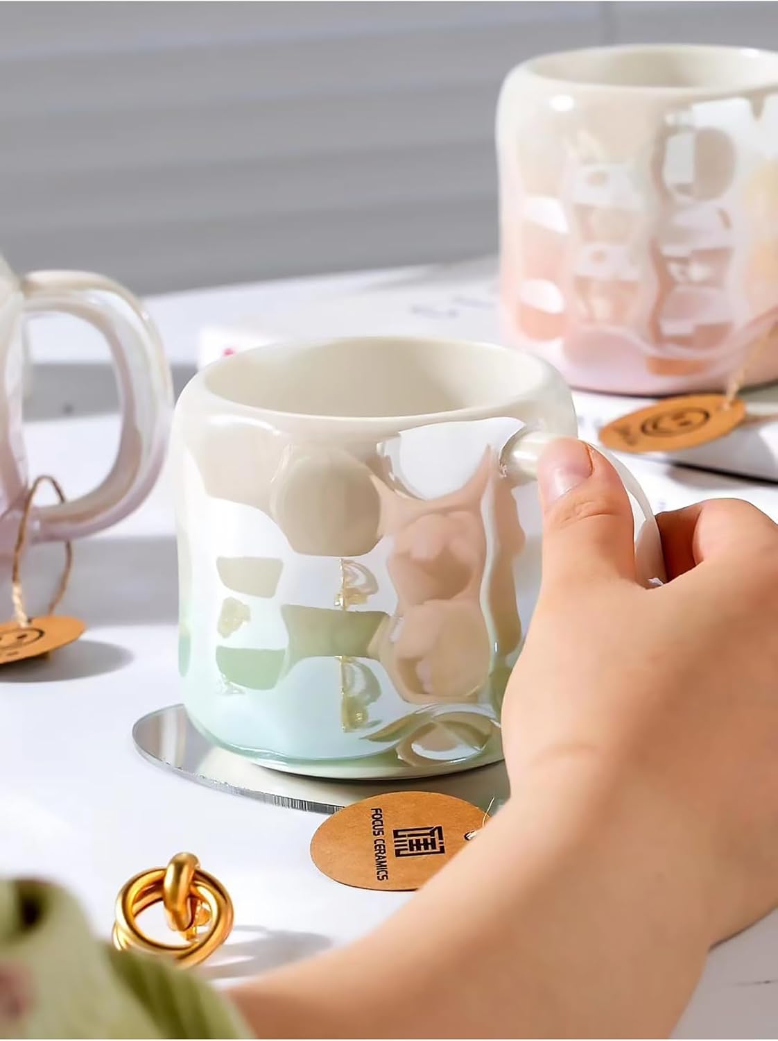 Mukko Home 400 Ml Elegant Parlak Porselen Kupa Sedefli Şık Tasarım, Günlük Kullanım Ve Özel Hediye Seçeneği,Turkuaz & Sedef
