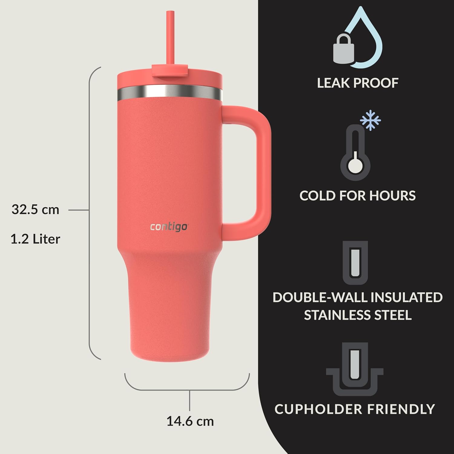 Üniseks Yetişkin Streeterville Tumbler Pipetli Yalıtımlı Su Şişesi, 1.2L, Mercan