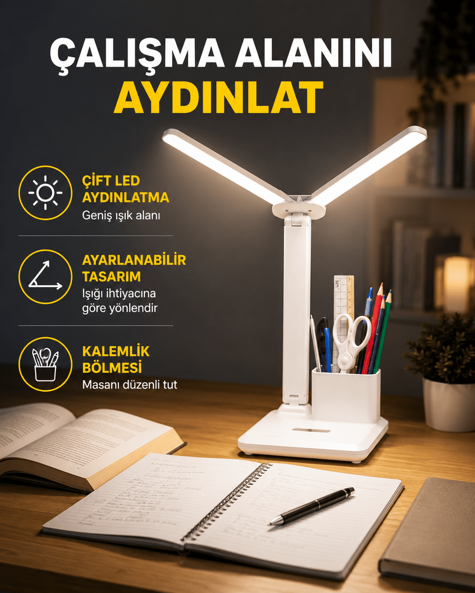 Kısılabilir LED Masa Lambası – Kalemlik ve Telefon Standlı, Göz Yormayan Işık Yeni Nesil