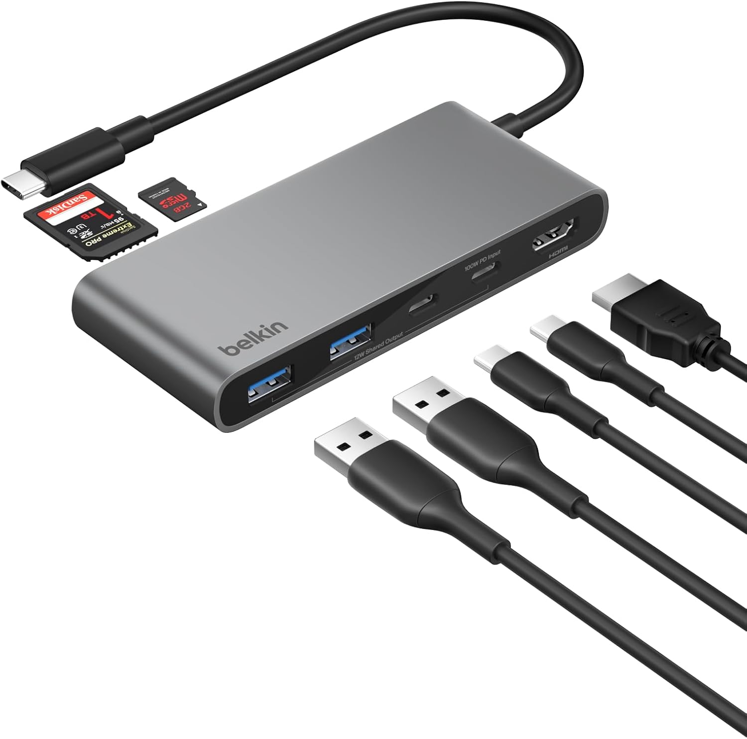 USB-C Hub, 7 Portlu, 60 Hz’de 4K HDMI Ekran Desteği, SD ve MicroSD Yuvaları, 100 W Güç İletimi, 5 Gbps Veri Aktarımı, MacBook, iPad Pro, Chromebook için USB-C Çoklu Port Adaptörü, HDMI 2.0, Gri