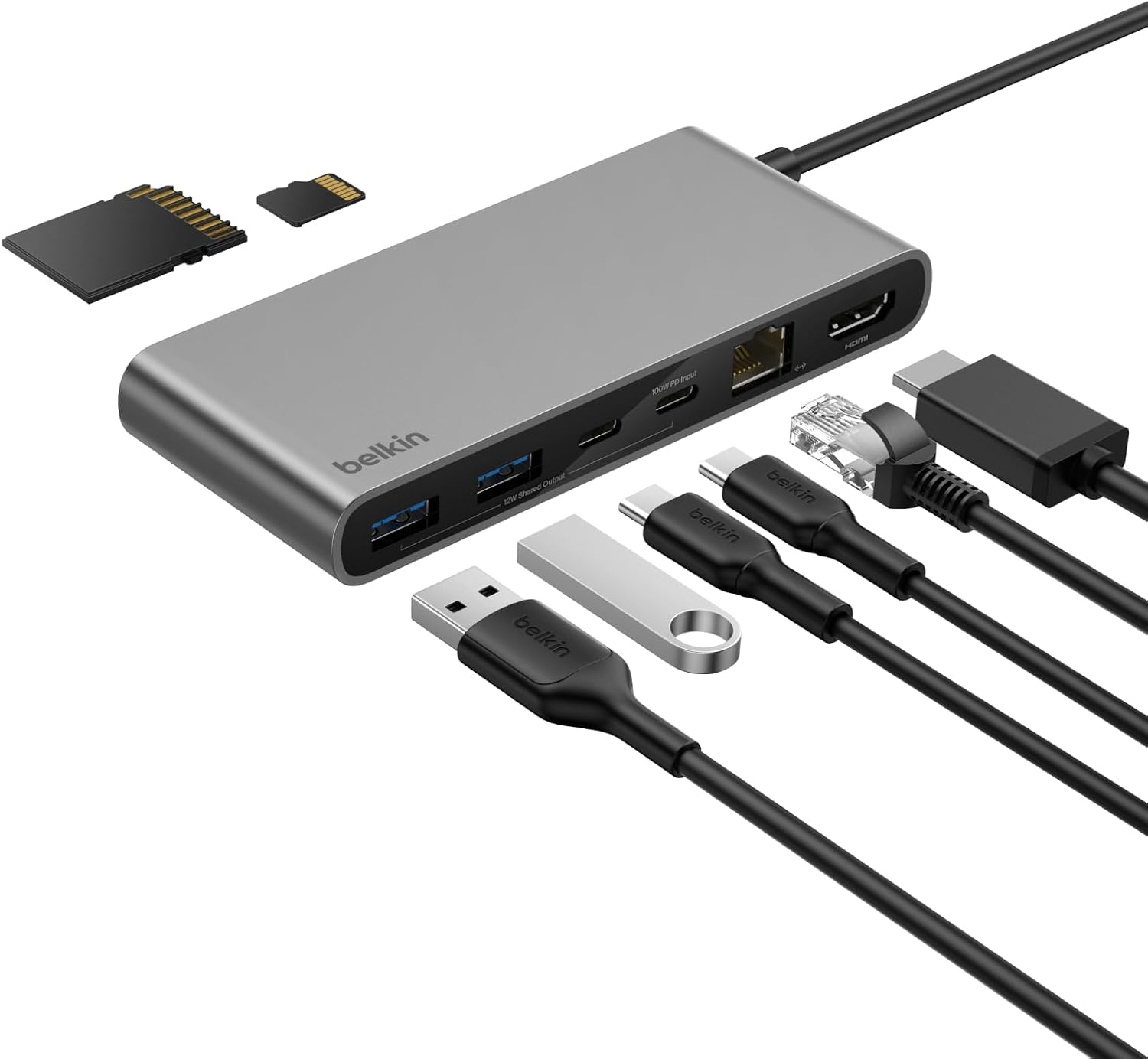 Connect 8 Portlu USB-C Hub, 4K@60Hz’e kadar çözünürlükleri destekleyen ekran uyumu, Mac, Windows ve Chromebook ile çalışır, 100 W PD, 10 Gbps veri aktarım hızı ve 2,5 Gbps Ethernet - Gri