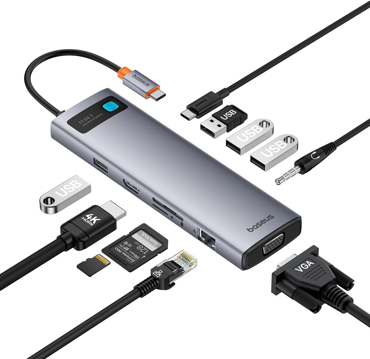 Metal Gleam Serisi 11'i 1 Arada USB-C Hub B00030709811-00, HDMI 4K@60Hz, VGA 1080p@60Hz, 100W PD, Gigabit RJ45, 3 USB 3.0, USB 2.0, SD/TF, 3,5 mm Ses