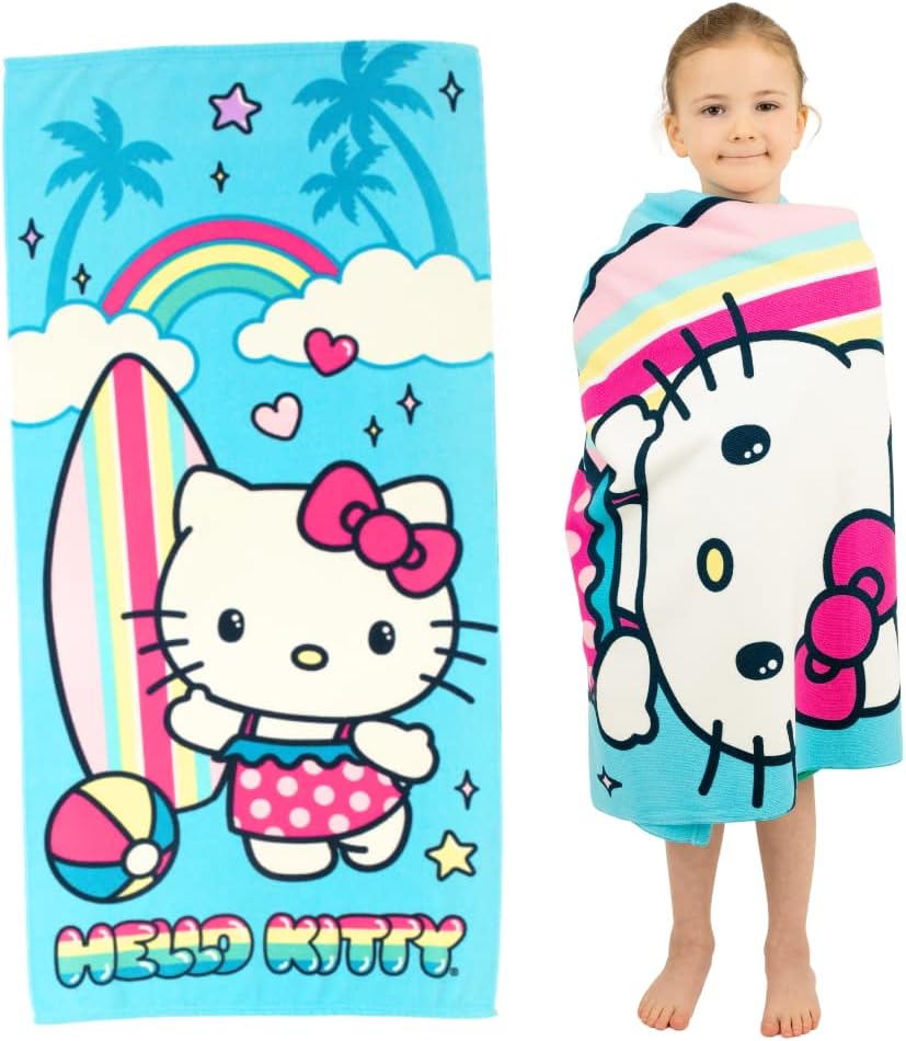Sanrio Hello Kitty Süper Yumuşak Hafif%100 Geri Dönüştürülmüş Plaj Havlusu Geri Dönüştürülmüş Plastik Şişelerden Üretilmiştir, 147 cm x 71 cm (%100 Resmi Lisanslı Sanrio Ürünü)