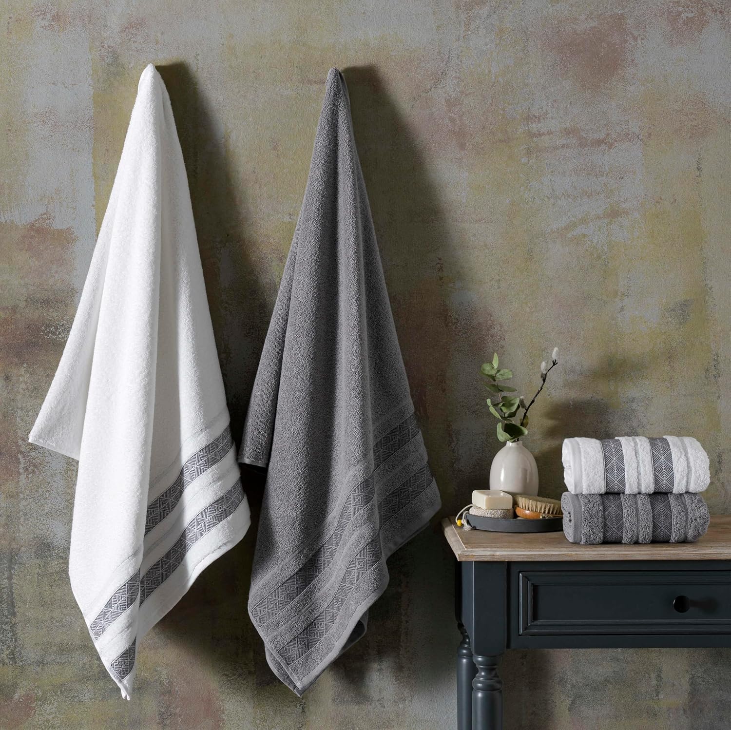 Velvet Pure Beyaz Antrasit Pamuk Hamam Seti, Beyaz, Antrasit, S-M/L-XL