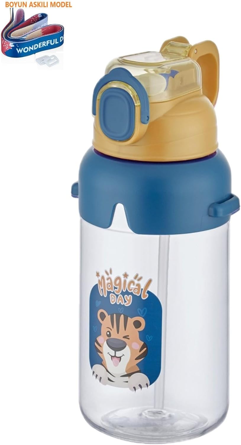 Boyun Askılı Kalın Pipetli Kilitli Kapak 650 Ml Okul Su Matarası 3 Renk
