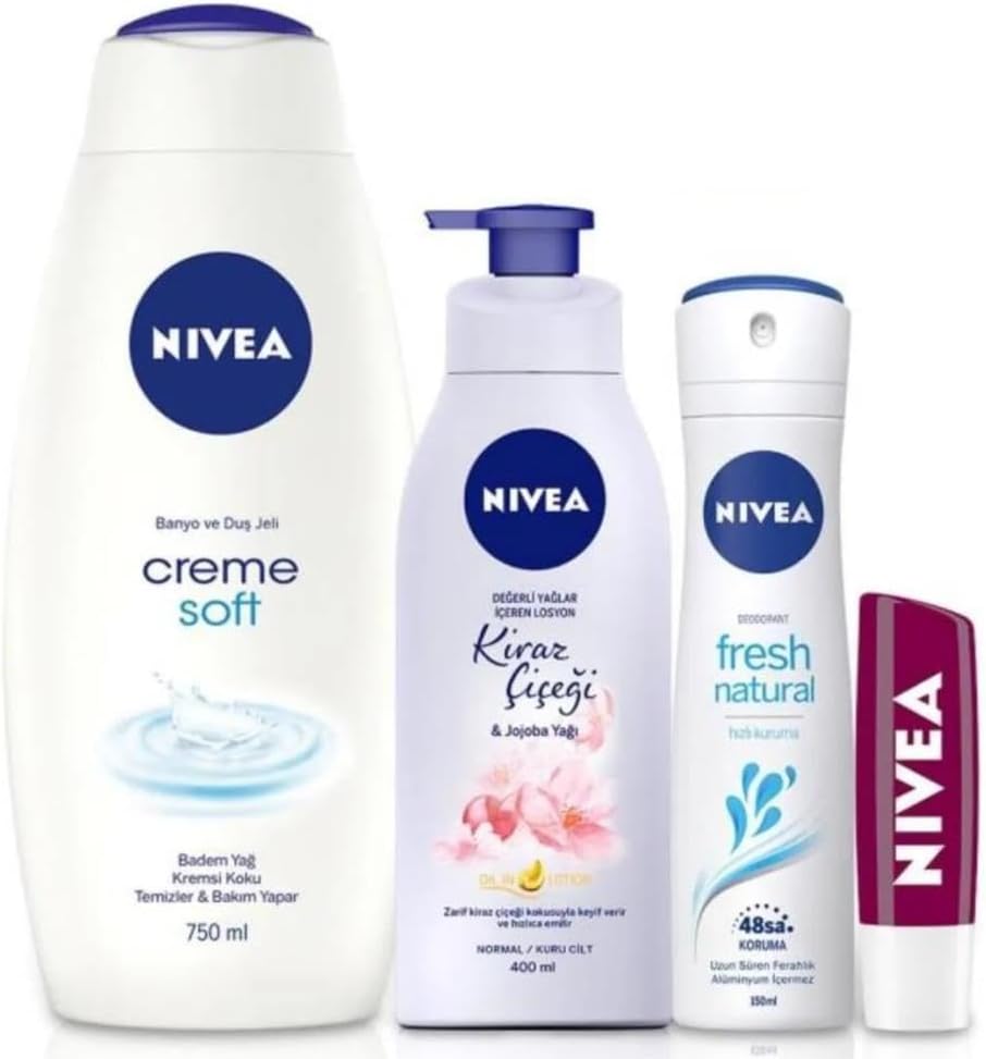 Banyo Seti,Cream Soft Duş Jeli 750 ml,Fresh Natural Kadın Deodorant 150 ml,Vücut Losyonu 400 ml,Böğürtlen Dudak Bakım Kremi ve Banyo Terliği Hediye!
