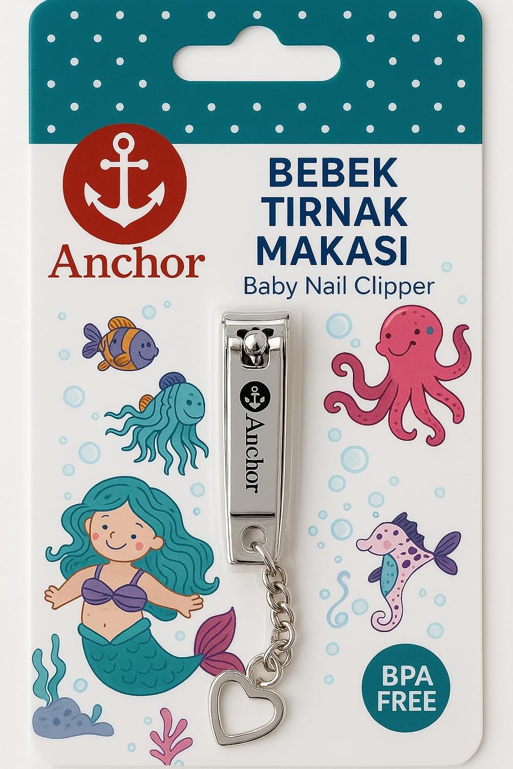 Anchor Zincirli Bebek Tırnak Makası – Paslanmaz Çelik, Kalpli Uç, Güvenli Kesim, Ergonomik Tasarım, Bebek ve Yenidoğanlar İçin Uygun
