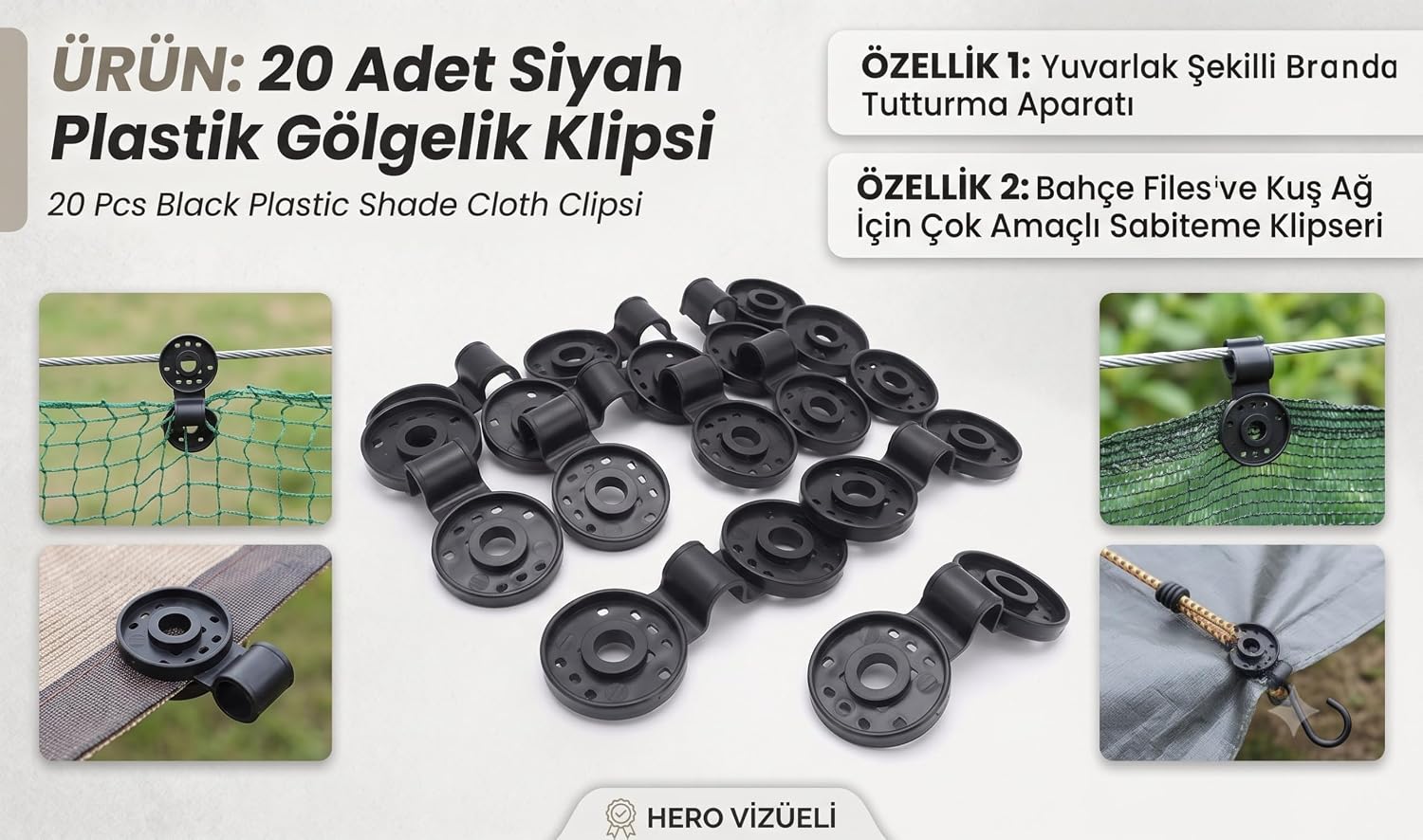 20 Adet Siyah Plastik Gölgelik Klipsi, Yuvarlak Şekilli Branda Tutturma Aparatı, Bahçe Filesi ve Kuş Ağı İçin Çok Amaçlı Sabitleme Klipsleri