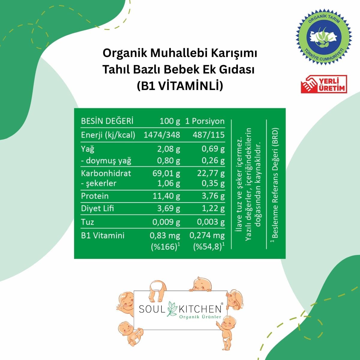 Soul Kitchen Organik Bebek Muhallebisi B1 Vitaminli Tahıl Bazlı Ek Gıda 250gr