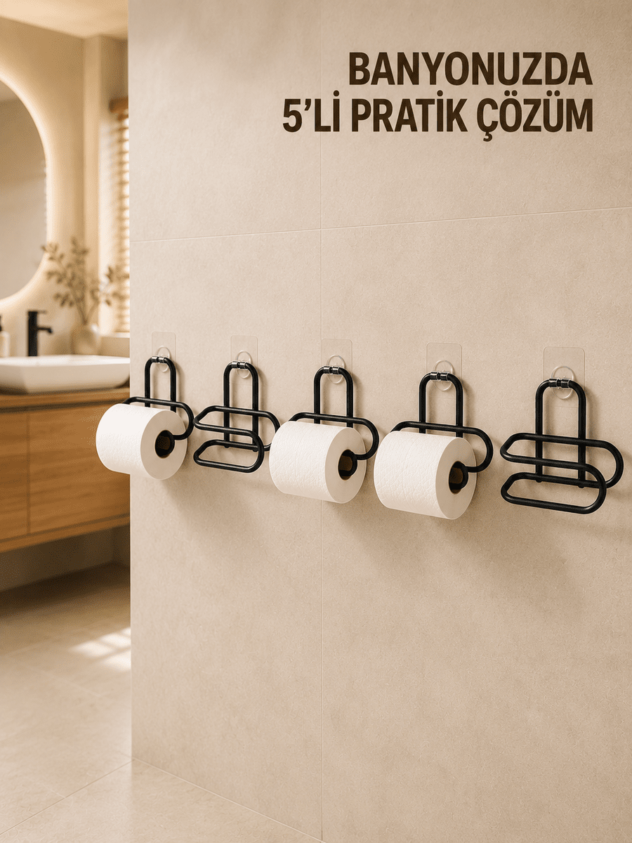 5 Adet Duvara Yapışkanlı WC Kağıtlık Delmeden Montaj Siyah Metal Tuvalet Kağıdı Askısı