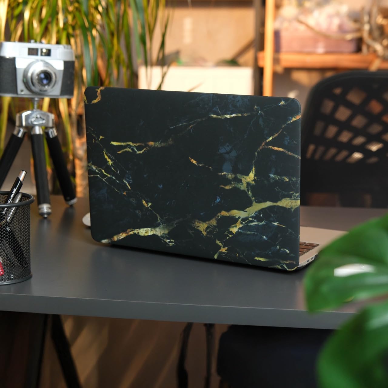 MacBook Air 13.3 İnç Kılıf A1932 A2179 A2337 M1 Uyumlu Sert Kapak Hard Case Koruyucu Mermer Desenli İnce Hafif Laptop Kılıfı Siyah