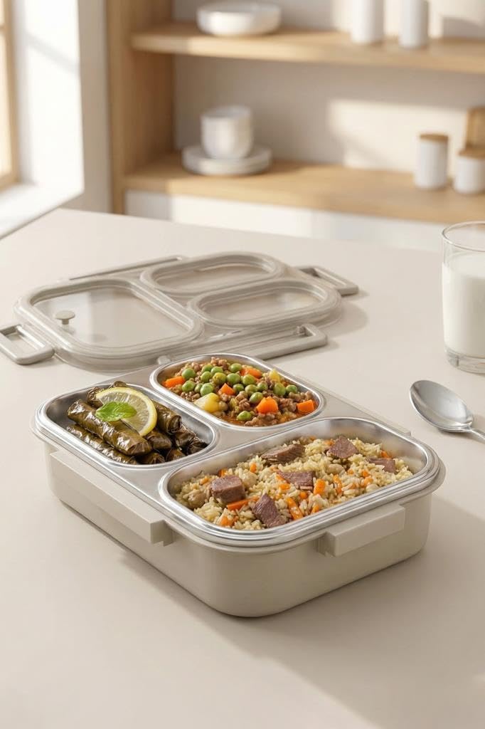 Bento Taşınabilir 3 Bölmeli Paslanmaz Çelik Yemek Kabı Termosu Lunch Box - Bej