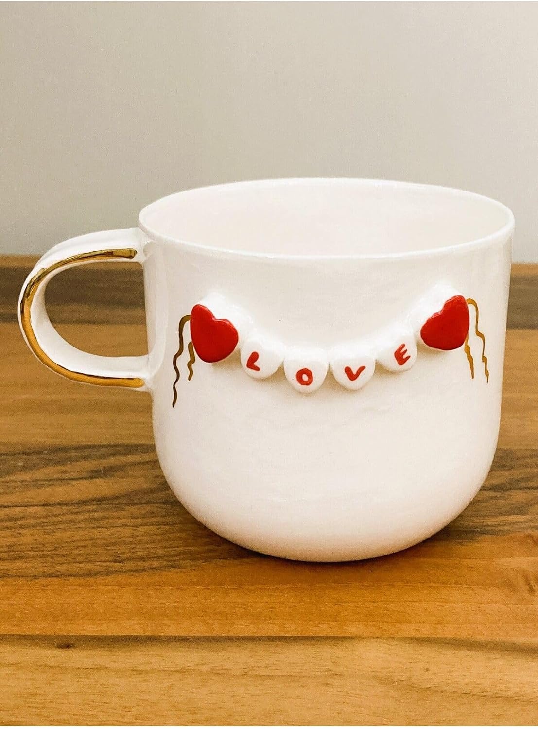 24 Ayar Altın Detaylı, Kalp Kabartmalı, El Yapımı, Kalpli Mug, 300 ml, Heart Mug, Love Mug