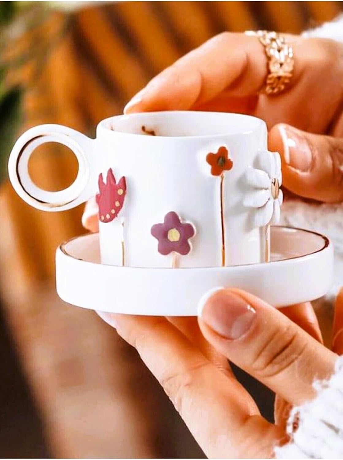 Premium Kalite 24 Ayar Altın Detaylı El Yapımı Ilkbahar Çiçek Fincan, 100 Ml, Spring Cup Flower Cup