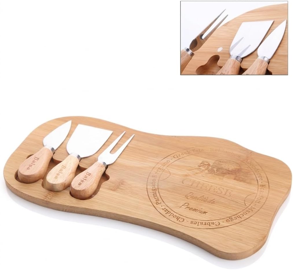 Peynir Sunum Seti 4 Parça, Bambu Servis Tahtası ve 3 Parça Peynir Bıçağı Seti, Peynir Tabağı, Kahvaltı, Meze, Şarküteri ve İkramlık Sunum Tahtası, 33 x 17,5 x 1,2 cm