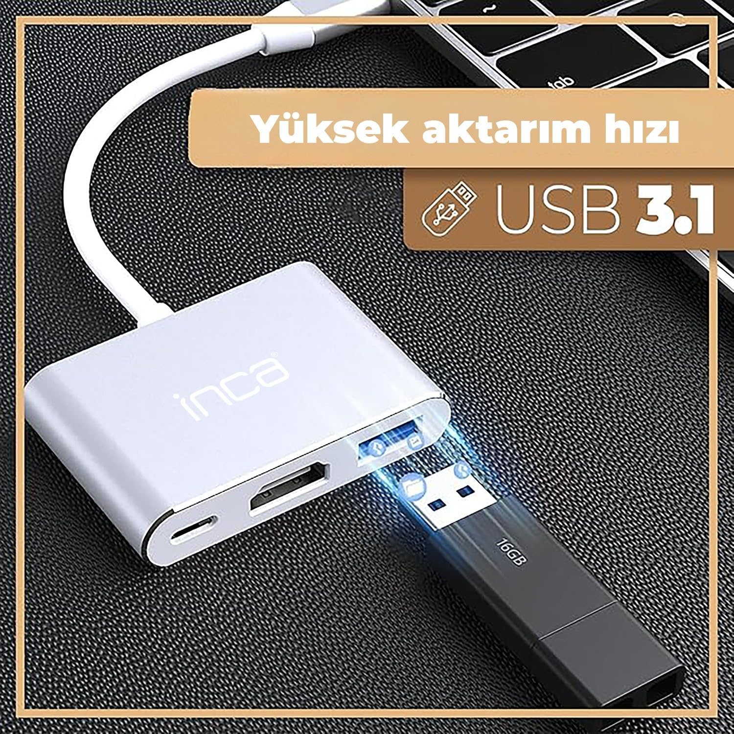 Inca ITPC-04TXT Type-C Hub, 4K 30Hz HDMI, USB 3.0, 100W PD, Alüminyum Kasa